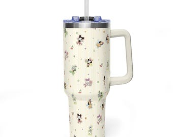 Vaso térmico de 1,2 litros (40 oz) con asa, diseño de Mickey y Minnie en tonos pastel, taza de viaje elegante y coqueta.
