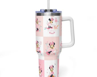 Minnie Mouse Pink Gingham 40oz Tumbler with Handle, Cute Flower Minnie, Perfect Day Pastel Travel Mug, Insulated Stainless Steel Cup