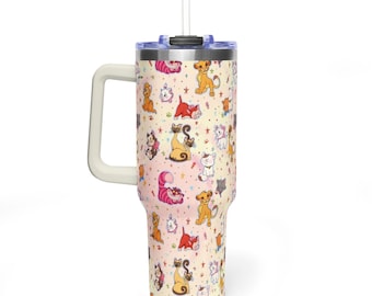 DisneyWorld Cats 40oz Tumbler with Handle, Aristocats Marie Cheshire Cat Quencher, Simba Oliver Figaro Travel Mug