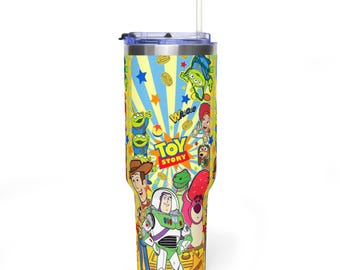 Toy Story Retro 40oz Tumbler with Handle, Buzz and Woody Carnival Quencher, Cute Little Green Alien Travel Mug