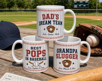 Baseball Dad Mug, Custom Dream Team Gift for Pops Grandpa, 11oz Sports Coffee Cup with Kids Names for Father’s Day