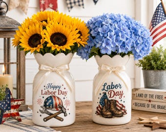 Labor Day Flower Vase, Custom Patriotic Work Boots Ceramic Pot, Happy Labor Day Centerpiece, Worker Appreciation Gift, Farmhouse Decor