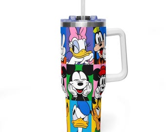 Disney Mickey and Friends 40oz Tumbler with Handle, Retro Pop Art Grid Character Quencher, Cute Donald Daisy Mickey Travel Mug