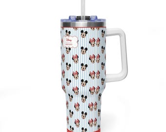 Preppy Mickey Minnie 40oz Tumbler with Handle, Blue Stripe Retro Disney Quencher, Classic Minnie Bow Travel Mug
