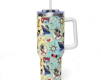 Disney Cruise Castaway Cay 40oz Tumbler with Handle, Captain Mickey Island Quencher, Ocean Travel Mug, 40oz Insulated Stainless Steel Cup