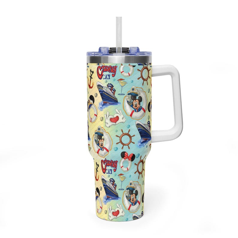 May include: A stainless steel tumbler with a handle and a clear straw, featuring a repeating pattern of cruise ships, anchors, ship wheels, life preservers, and cartoon characters in sailor hats, with the text Castaway Cay printed in red and blue.