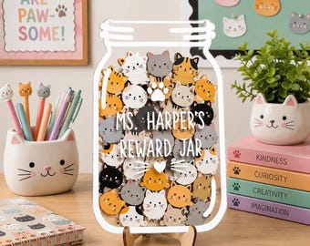 Personalized Cat Reward Jar, Wooden Kitty Classroom Incentive, Custom Pet Paw Token Board for Kids, Back to School Teacher Gift Hook