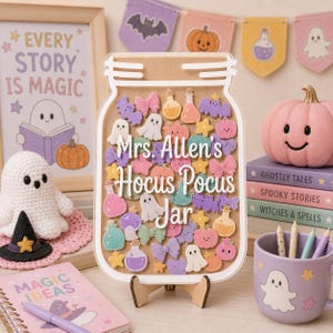 Belohnungsbox aus Holz für Kinder und Lehrer, Hokus Pokus Halloween Belohnungsglas, gruselige Klassenzimmer Karte, personalisiertes Namensgeschenk