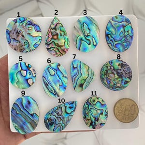 May include: Eleven iridescent abalone shell cabochons in various shapes including circles, ovals, and teardrops, labeled 1 through 11. The pieces display swirling patterns of blue, green, and purple. A 50 cent euro coin is included for scale.
