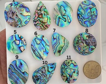 May include: Eleven iridescent abalone shell cabochons in various shapes including circles, ovals, and teardrops, labeled 1 through 11. The pieces display swirling patterns of blue, green, and purple. A 50 cent euro coin is included for scale.