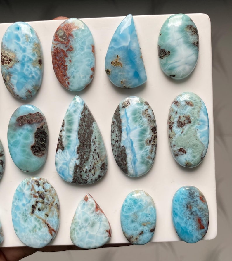 Rare Larimar Cabochon Lot, Natural Blue Larimar Gemstone Set, Loose Dominican Stone for Jewelry Making, Polished Cabochon Rare Collection image 5