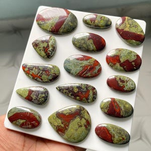 May include: A collection of fifteen polished cabochons featuring a mottled pattern of deep red and olive green stone. These smooth, rounded, and teardrop-shaped gemstones are arranged on a white display board, showcasing varied natural color distributions.