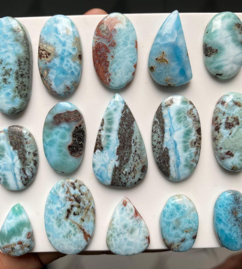 Rare Larimar Cabochon Lot, Natural Blue Larimar Gemstone Set, Loose Dominican Stone for Jewelry Making, Polished Cabochon Rare Collection image 7