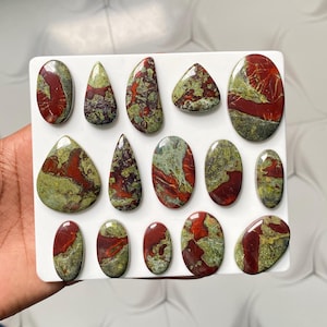 May include: A collection of fourteen polished cabochons arranged on a white rectangular display board. Each stone features a distinct pattern of deep red and moss green mineral inclusions, with various shapes including ovals, teardrops, and rounded forms.