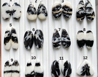 Può includere: Una collezione di dodici paia di cabochon in diaspro zebrato di varie forme, tra cui ovali, a goccia e triangolari. Le pietre presentano un sorprendente motivo a strisce bianche e nere, esposte su un vassoio bianco.