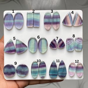 Pu&ograve; includere: Una collezione di dodici paia di cabochon in fluorite lucida disposti su un pannello espositivo bianco. Ogni coppia presenta distinti motivi a bande in tonalit&agrave; viola, blu e verde, con forme varie tra cui ovali, rettangoli, triangoli e cerchi, tutti numerati da uno a dodici.