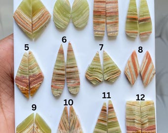 Può includere: Una collezione di dodici paia di cabochon di pietre preziose lucide in varie forme, tra cui diamanti, ovali e gocce. Le pietre presentano un mix di tonalità verdi, marroni e arancioni, con motivi a bande visibili. Su una superficie bianca.