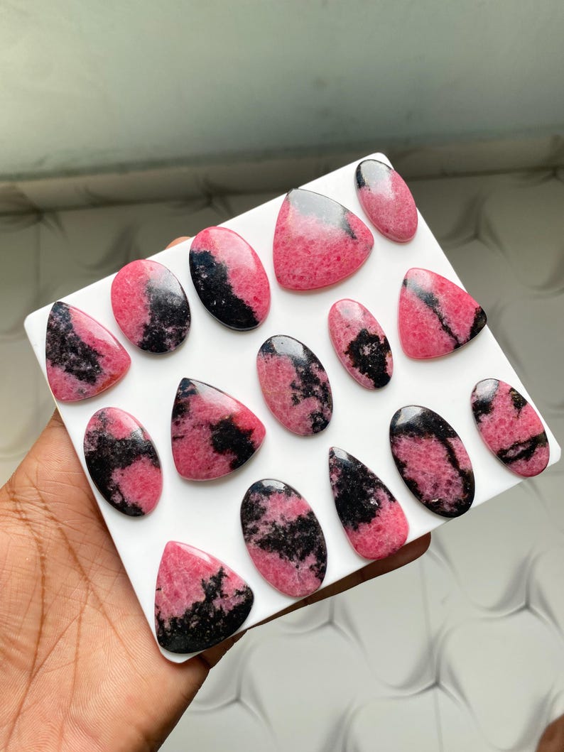 Natural Rhodonite Cabochon Lot, Pink Black Rhodonite Gemstone, Rhodonite Stone for Jewelry Making, Polished Cabochons Jewelry Making Supply image 8