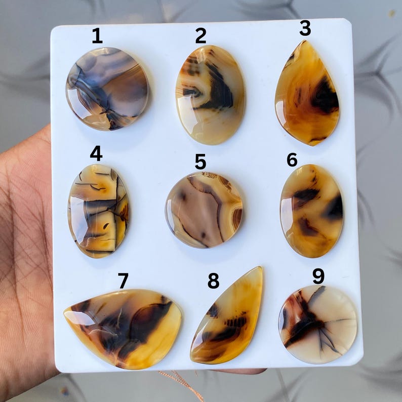 May include: Nine polished agate gemstones in various shapes, including round, oval, and teardrop. The stones display a mix of brown, tan, and cream colors with unique patterns. The gemstones are displayed on a white surface.