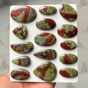 May include: A collection of fifteen polished cabochons arranged on a white rectangular display board. Each stone features a distinct pattern of deep red and olive green mineral inclusions with a smooth, glossy finish in various oval and teardrop shapes.