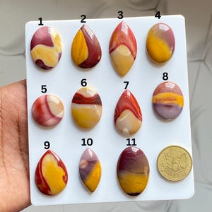 Puede incluir: Una colección de once piedras preciosas de jaspe Mookaite pulidas en varias formas, incluyendo ovaladas y en forma de lágrima. Las piedras muestran una mezcla de colores, incluyendo rojo, amarillo y crema, con una moneda de 50 céntimos para referencia de tamaño. Las piedras están sobre una superficie blanca.