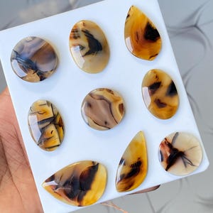 May include: A collection of polished agate gemstones in various shapes, including oval, teardrop, and round. The stones display a mix of warm colors, with shades of brown, tan, and yellow, and intricate patterns. The gemstones are arranged on a white surface.