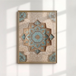 May include: A framed artwork with an elaborate, decorative design. The central element is a turquoise and gold star-shaped pattern, set against a backdrop of beige and gold floral motifs. The artwork is enclosed in a gold frame, offering a luxurious feel.