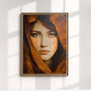 Impressão artística de mulher com lenço na cabeça cor ferrugem, pintura de retrato em estilo vintage, decoração de parede em terracota