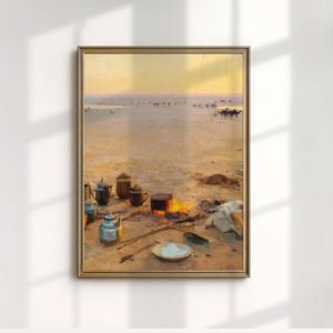 May include: An oil painting depicting a desert scene with a campfire and several teapots and cups in the foreground. A herd of camels and figures are in the distance. The painting is framed in a gold-colored frame.