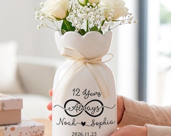 Personalized 12th Anniversary Vase, Custom Couple Name Flower Vase, Romantic Gift Vase for Husband Wife, Wedding Anniversary Keepsake