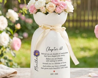Aangepaste bloemenvaas 60e verjaardag, zinvolle verjaardagsaandenken voor moeder, hoofdstuk zestig cadeau, sentimenteel tafeldecor, elegante keramische plantenbak