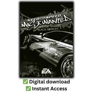 以下が含まれることがあります： 白黒画像のビデオゲーム、Need for Speed: Most Wanted - Black Edition。ゲームタイトルは、スポーツカーのグレースケール画像の上に、様式化されたフォントで表示されています。EAのロゴが見えます。下部のテキストは「デジタルダウンロード」と「インスタントアクセス」と書かれています。