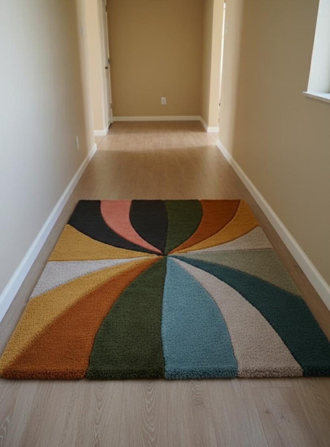 Scorched Rug Modern Yellow Burnt Orange Dark Green Light Blue Cream Light Gray Pink ...