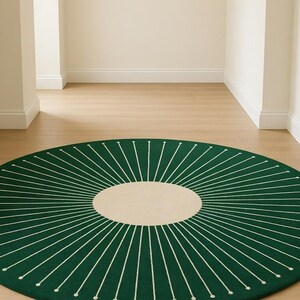 Modern dark green, cream and white  color  Scalloped Edge Hand Tufted Wool Rug for Living Room