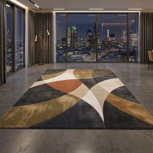 Modern Geometric Area Rug, Abstract Black Gold & Rust Carpet, Contemporary Living Room Statement Rug Luxury Abstract Rug