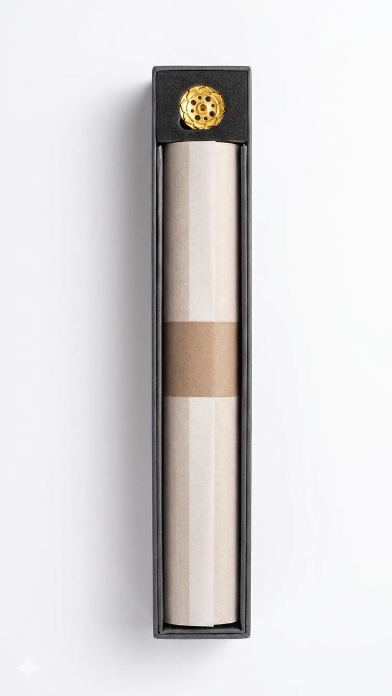 May include: A rectangular black box with a gold-colored decorative top. Inside, a rolled-up item is visible, wrapped with a brown band. The item appears to be made of paper or a similar material. The background is plain white.