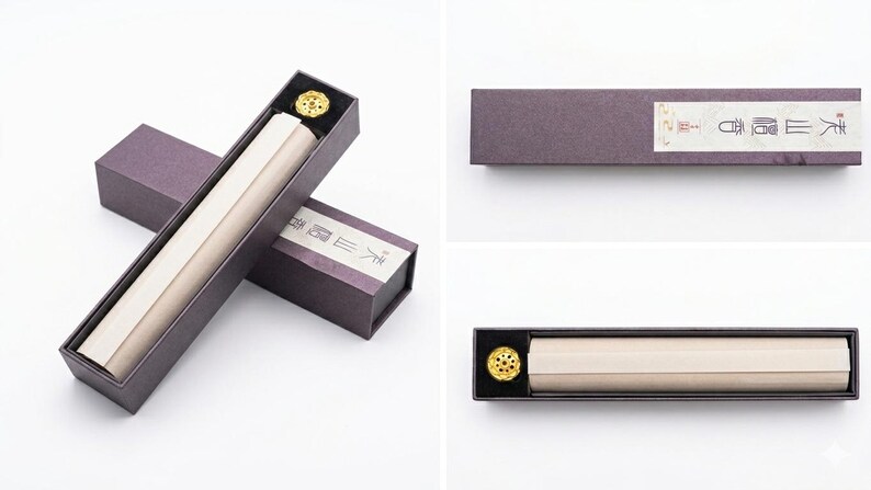 May include: A set of incense sticks in a rectangular box. The box is dark purple with a light beige scroll inside. A gold-colored incense holder is in the box. The box has Japanese text on the label.