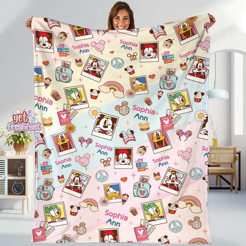 Personalized Mickey and Friends Blanket, Custom Name Disneyland Characters Throw, Soft Fleece Gift for Kids, Mickey Mouse Nursery Decor image 1