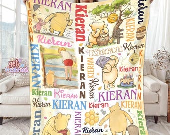 Personalized Winnie the Pooh Blanket, Christopher Robin Custom Throw, Classic Pooh Nursery Decor, Baby Boy Name Blanket
