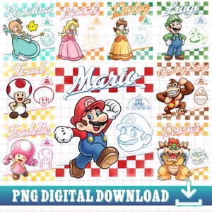 Puede incluir: Una descarga digital con ilustraciones de personajes de la serie de videojuegos Super Mario. Los personajes incluyen a Mario, Luigi, Peach y Donkey Kong, con el texto "PNG DIGITAL DOWNLOAD" en la parte inferior.
