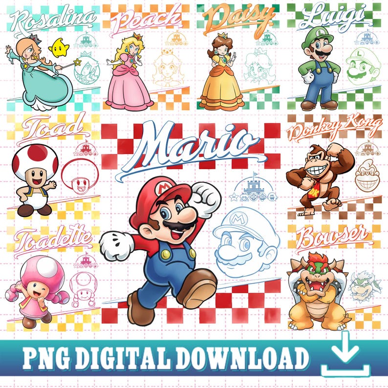 Puede incluir: Una descarga digital con ilustraciones de personajes de la serie de videojuegos Super Mario. Los personajes incluyen a Mario, Luigi, Peach y Donkey Kong, con el texto "PNG DIGITAL DOWNLOAD" en la parte inferior.