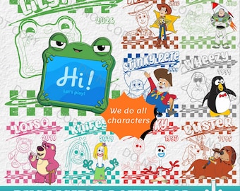 Retro Toy Story Alle Charaktere Checkered Signature Group PNG, Woody, Buzz, Jessie, personalisierte Disneyland Familie PNG