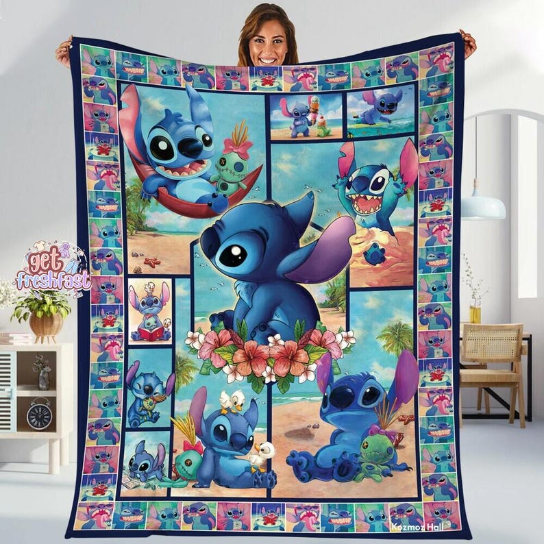 Disneyland Stitch Fleece Blanket, Disneyland Stitch Blanket, Stitch Birthday Gifts, Stitch Ohana Means Family Blanket, Magic Kingdom image 1