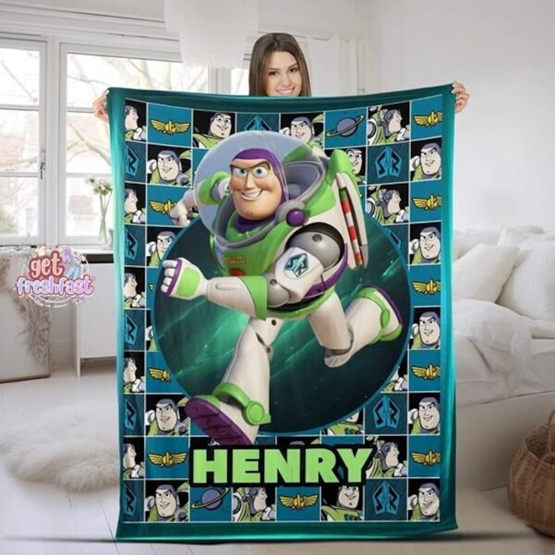 Personalized Disneyland Toy Story Blanket, Buzz Lightyear Throw, Custom Name Toddler Gift, Kids Space Bedding, Gift for Boys Nursery image 1
