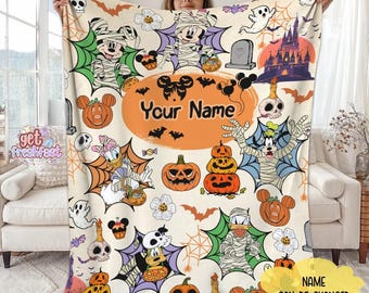 Personalized Name Halloween Mickey and Friends Fleece Blanket, Custom Name Disneyland Blanket, Halloween Birthday Gift For Kids