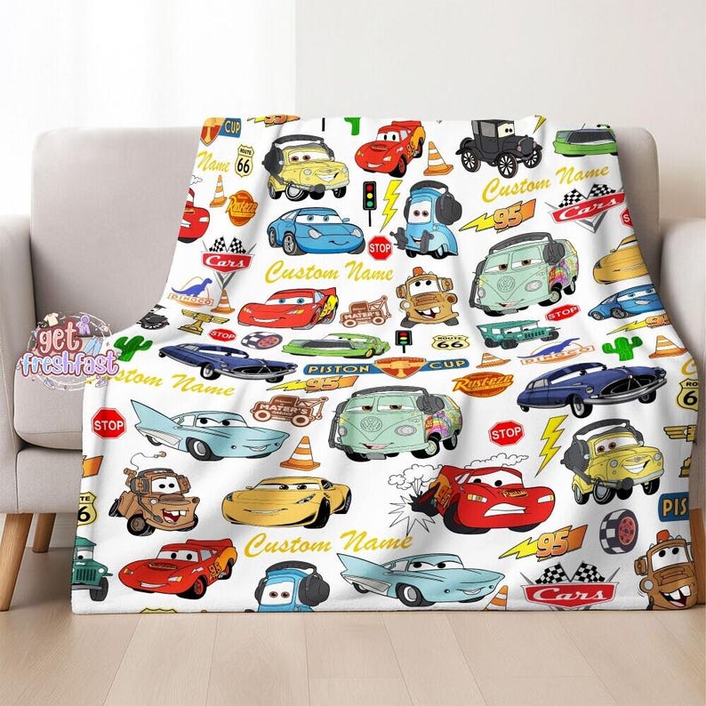 Custom Name Cars Lightning McQueen Fleece Blanket, Cars Characters Throw Blanket, Cars Movie Blanket, Cartoon Cars Blanket, Birthday Gift image 2