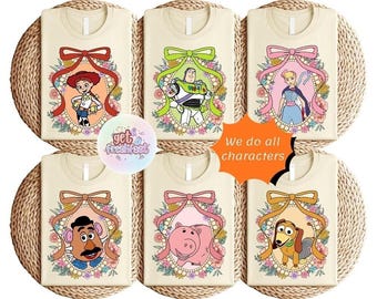 Toy Story Coquette Bow T-Shirt, Retro Disneyland Girl Shirt, Jessie Buzz Lightyear Rex Alien Slinky Bo Peep Tee