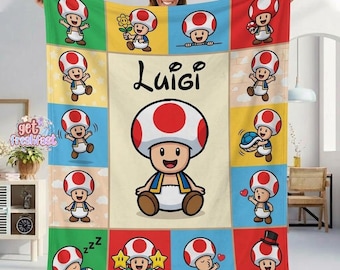 Personalized Name Super Mario Toad Blanket, Custom Toad Baby Blanket, Birthday Gift, Birthday Boy Mario Lovers Gift Home Decoration