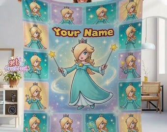 Personalized Name Super Mario Princess Rosalina Blanket, Custom Mario Birthday Party Fleece Blanket, Princess Birthday Girl Home Decor