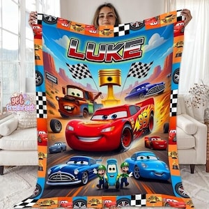 Personalized Disneyland Cars Fleece Blanket, Custom Name Lightning McQueen Blanket, Cars Mario Luigi Blanket, Birthday Gift, Cars Blanket image 1